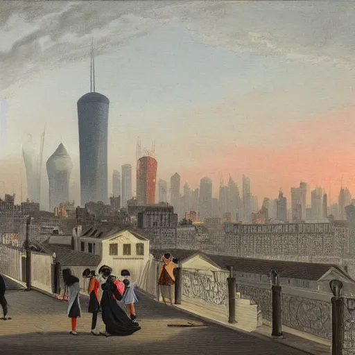 Image similar to a small rooftop with a couple of modern teenagers, standing and talking to each other, wearing black modern clothes, modern shanghai bund is on the background, sunset, by asher brown durand