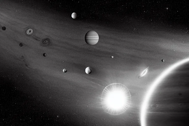 Image similar to a photo of the solar system, black and white, spielberg, cinematic 4 k, 3 5 mm film, cinematic 4 k