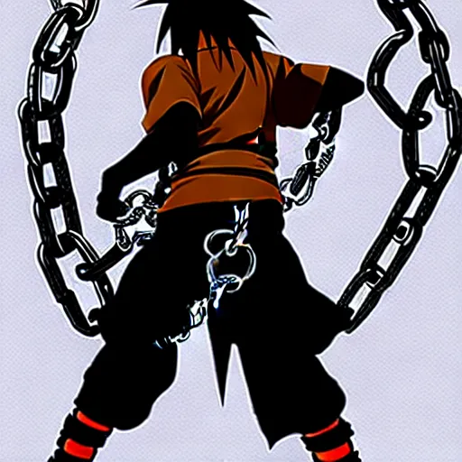 Prompt: A FULL BODY PORTRAIT FROM BEHIND OF MADARA UCHIHA ,THE MAN KEEPS A KUSARIGAMA AND IT IS WRAPPED IN CHAINS ,detailed, concept art, ink style , sketch