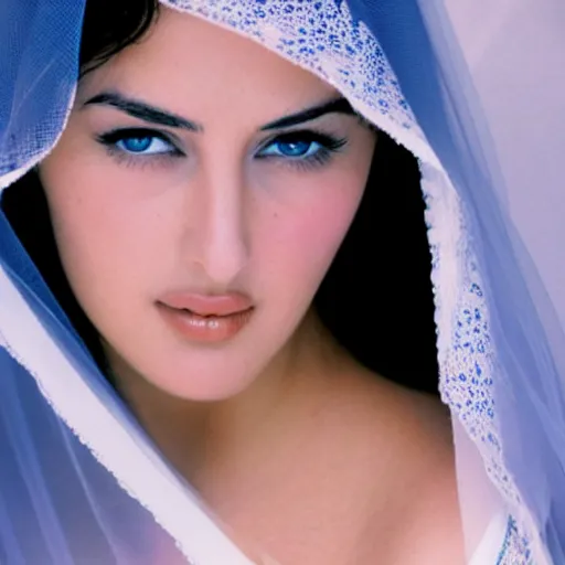 Image similar to young arab Monica Bellucci, blue eyes, white veil, DSLR, closeup, focus