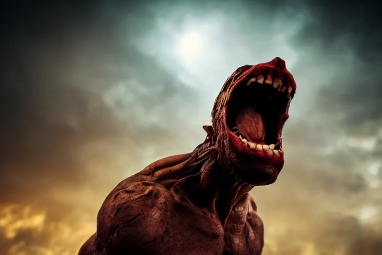 Prompt: a giant screaming titan, photograph, ambient lighting, picture, photo, cinematic lighting, terror, horror, scary,