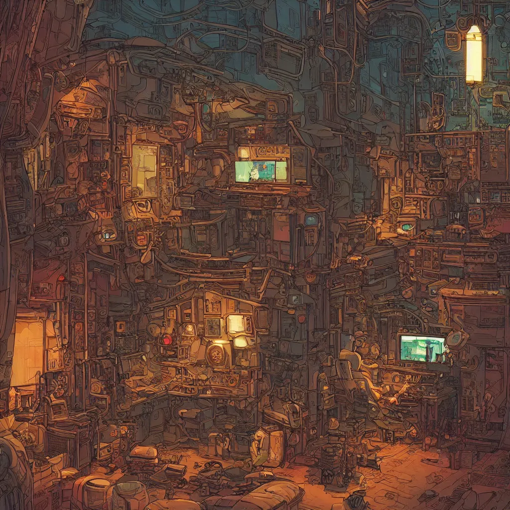 Image similar to Stunningly intricate illustration of a cyberpunk explorer playing video games in his treehouse, highly detailed, midnight, by Laurie Greasley,James Gilleard and Moebius,