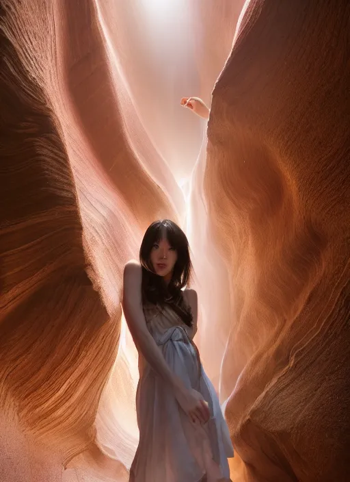 Image similar to Kodak Portra 400, 8K, soft light, volumetric lighting, highly detailed, Kasumi Arimura style 3/4 ,portrait photo of Japanese captivating female, the face emerges from Antelope Canyon, thermal waters flowing down gold travertine terraces, inspired by Ophelia paint , a beautiful luxurious royal suit, intricate hair with highly detailed realistic beautiful flowers , Realistic, Refined, Highly Detailed, ethereal lighting colors scheme, outdoor fine art photography, Hyper realistic, photo realistic