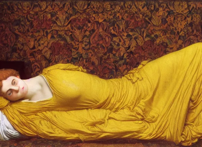 Image similar to portrait of lady reclining on bed wearing yellow ochre ornate medieval dress, foreshortening, framed, preraphaelite colour photography by frederic leighton, william morris, 8 k