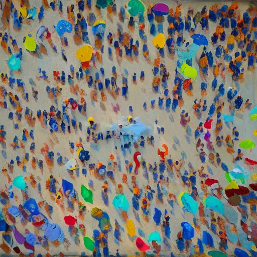 Image similar to a birdseye painting by Sally West of people on a beach from above, featured on tumblr, action painting, oil on canvas, painterly