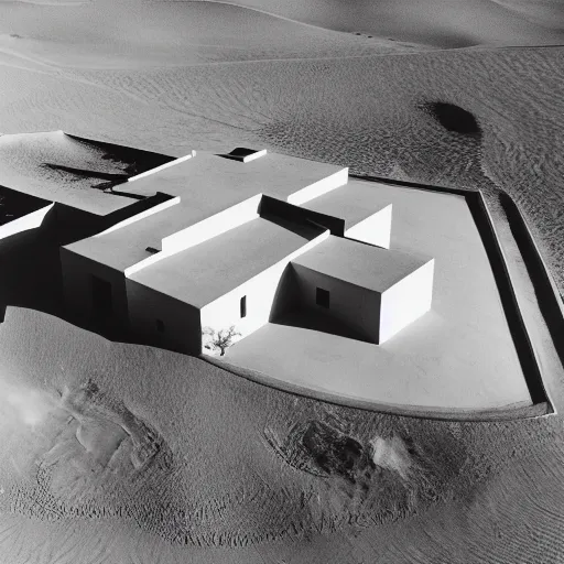 Prompt: A house designed by Miles Van Der Rohe in the middle of the sahara desert. Aerial View. Film Grain, Full color.