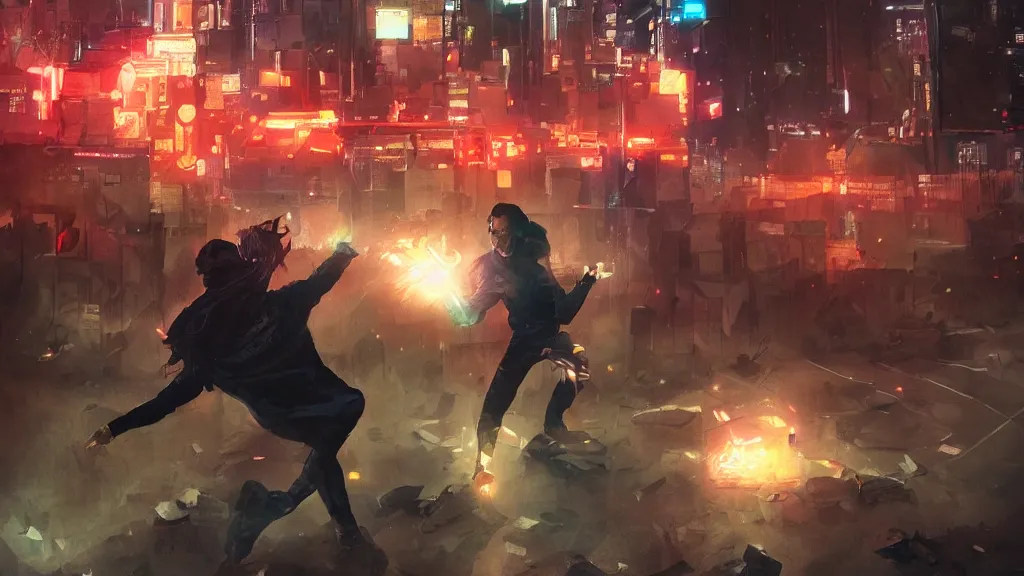 Prompt: angry protester throwing a rock, digital illustration by greg rutkowski, android netrunner, nighttime, cyberpunk city backgrounds, colored lighting