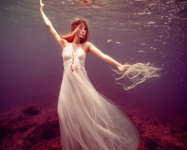 Image similar to beautiful female, full body, in long flowy dress, underwater, cinematic volumetric lighting, soft bokeh, glow, 8 k, by lexi laine, by wlop, by ross tran, fashion photography