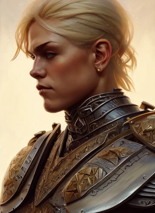 Image similar to symmetry! portrait of barbarian, short blond hair, d & d, muscular!! angry, armour, fantasy, intricate, elegant, highly detailed, digital painting, artstation, concept art, smooth, sharp focus, illustration, art by artgerm and greg rutkowski and alphonse mucha