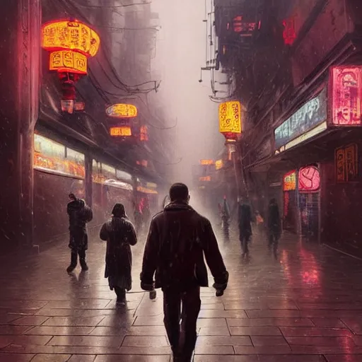 Image similar to a thousand sentient creatures covered in mountains and clouds. style of blade runner 2 0 4 9. i can understand why. a full length portrait of a spotless mind controlled, cyberpunk chinese street, by grosnez zak and