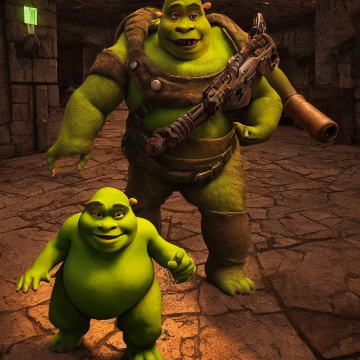 Image similar to Shrek as a Doom Slayer, unreal engine 5, octane render, HDR, focus, brutal, high detail, Doom Eternal