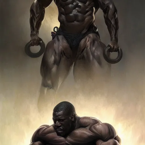 Image similar to heavy muscular Black man , fantasy, intricate, elegant, highly detailed, digital painting, artstation, concept art, smooth, sharp focus, illustration, art by artgerm and greg rutkowski and alphonse mucha