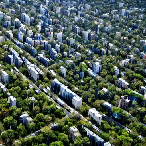 Prompt: A forest city where every building is built into the trees