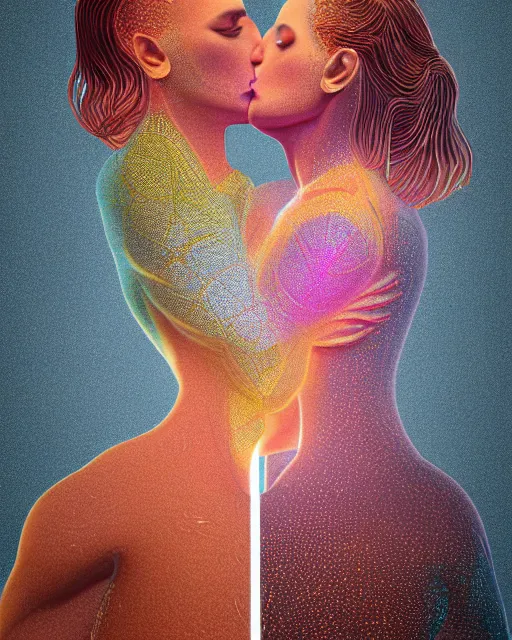 Image similar to 3 d render of kissing couple by luis toledo and alex grey and beeple, neosurrealism. digital art, pixel art, concept art, octane render, trending on cgsociety, trending on artstation