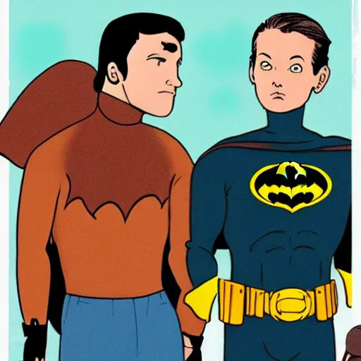 Image similar to batman and robin in the style of wes anderson