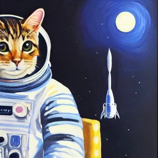 Image similar to a cat astronaut in front of a space station, oil painting