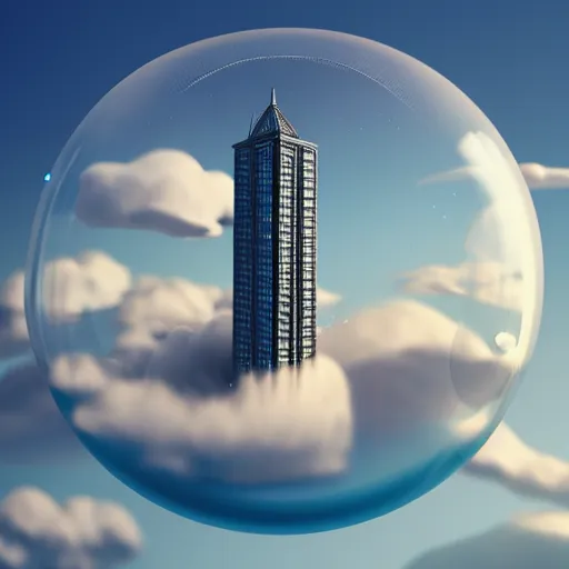 Prompt: miniature skyscraper inside a bubble, floating on clouds, realistic 3 d render, unreal engine, maya, 8 k, smooth, sharp focus, octane, moonlight
