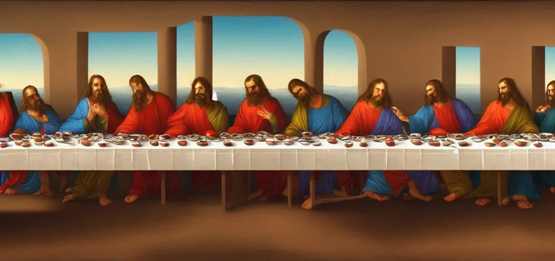 Image similar to a surreal painting of the last supper on the surface of mars