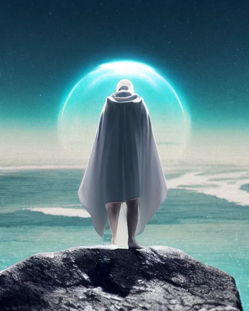 Image similar to a person wearing a white cloak that's blowing in the wind. they are standing in the water. a large planet with rings is visible in the sky. an album cover by stanley twardowicz, trending on cg society, retrofuturism, retrowave, chillwave, synthwave