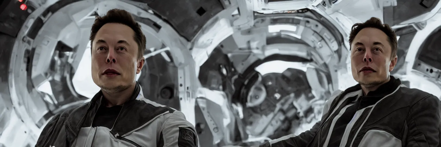 Image similar to old elon musk in a space x spaceship, movie still, cinematic, photorealistic, extreme detail, facial features, sharp focus, 8 k, anamorphic lens, lighting, dark