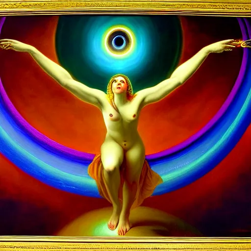 Image similar to painting of rainbow ophanim surrounded by large diagonally rotating rings, ophanim has bird wings, giant eyeball in the middle of the ophanim, by roberto ferri, amazing details, mythological, biblical, beautiful composition