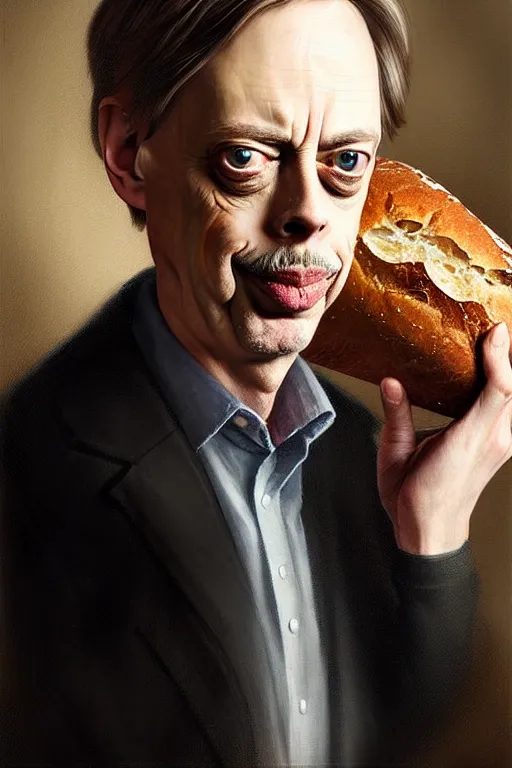 Image similar to beautiful portrait half steve buscemi wearing sourdough bread, by greg rutkowski