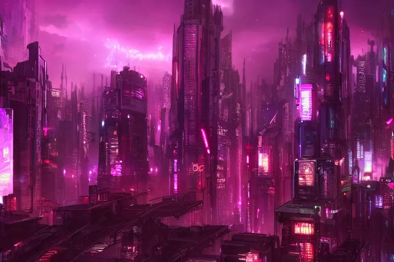 Prompt: detailed landscape of a cyberpunk city at night. wallpaper. purple color palette. hd. artstation.