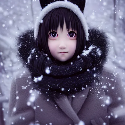 Prompt: photorealistic of a very cute joyful 3d anime girl, wearing fluffy black scarf, long coat, mittens, black long curly hair, watery eyes, cat ears, snowing in the forest, medium shot, mid-shot, highly detailed, trending on Artstation, Unreal Engine 4k