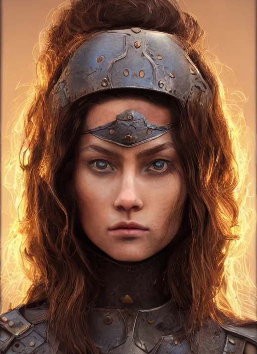 Prompt: Beautiful Goddess with long brown hair and brown skin brown eyes wearing leather armor by Ilya Kushvikov, symmetrical face concept art hyperrealism, Pouty expression, artstation