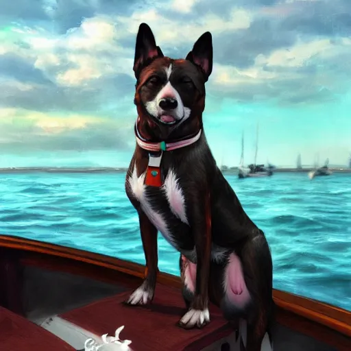 Prompt: a dog sit on a boat, trending on artstation