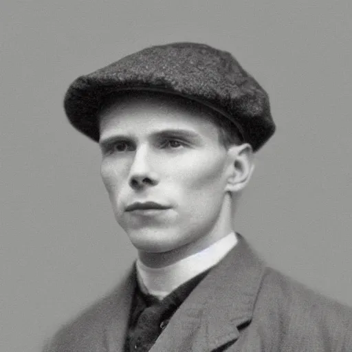 Image similar to A photograph portrait of Jerma985 wearing a newsboy cap in the early 1900s, taken in the early 1900s, grainy, taken on a early 1900s Kodak Camera, realistic, hyperrealistic, very realistic, highly detailed, very detailed, extremely detailed, detailed, digital art, trending on artstation