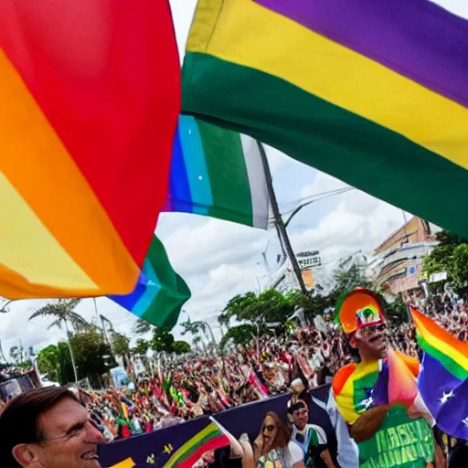 Image similar to photograph of president jair bolsonaro waving a rainbow flag at a pride parade