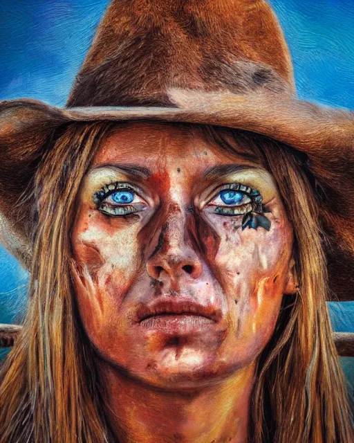 Image similar to acrylic portrait of scarred cowgirl, high production value, intricate details, high resolution, hdr, high definition, masterpiece, realistic, ultrarealistic, highly detailed, hd, sharp focus, non blurry, sharp, smooth