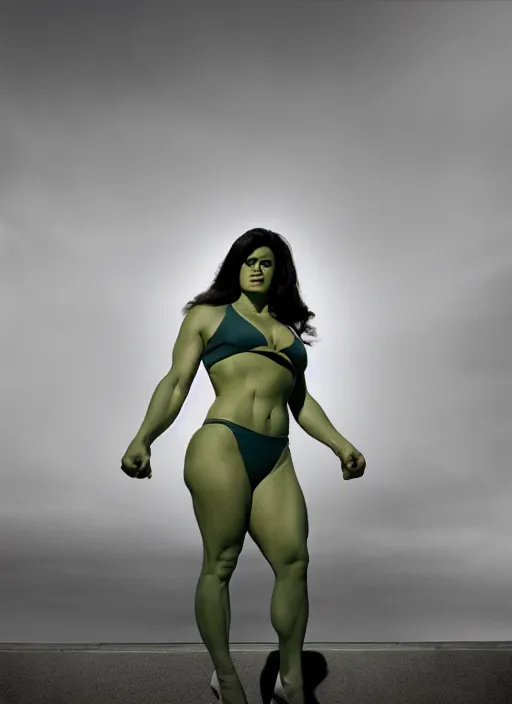 Image similar to a color photo portrait of she hulk in la by gregory crewdson, dramatic lighting, 7 5 mm lens, sharp focus.