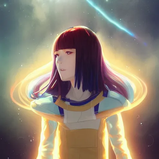 Prompt: profile shot of rimuru tempest looking forward, sky blue hair, straight hair, pretty, long bangs, gold eyes, black jacket with white stripes and a high collar, highly detailed, unreal engine 5, digital painting, glow, concept art, cinematic, wlop | artgerm, pixiv, ilya kuvshinov, greg rutkowski