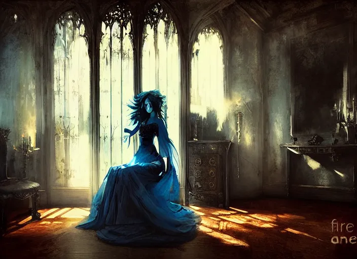 Prompt: gothic mansion room, woman in dress, wooden floor, elegant, digital artwork, paint, blue tones, detailed, by bastien lecouffe deharme, by jeremy mann, by alexander fedosav