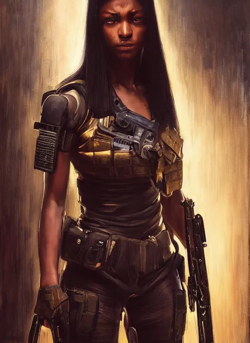 Image similar to Katana. beautiful cyberpunk soldier wearing a military vest and military jumpsuit (cyberpunk 2077). gorgeous african face. Iranian orientalist portrait by john william waterhouse and Edwin Longsden Long and Theodore Ralli and Nasreddine Dinet, oil on canvas. Cinematic, hyper realism, realistic proportions, dramatic lighting, high detail 4k