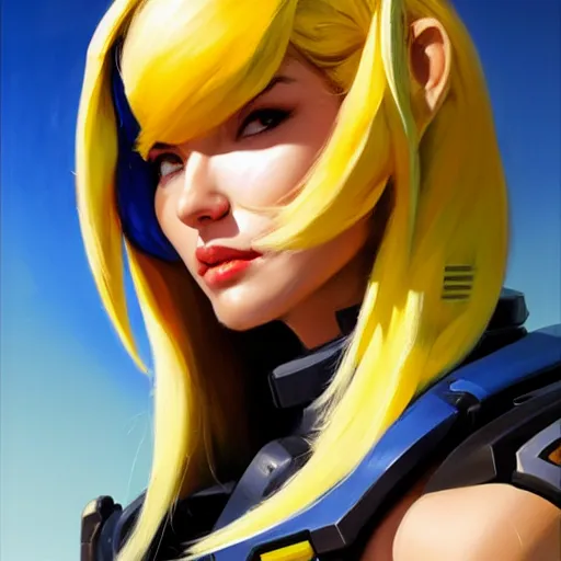 Image similar to Greg Manchess portrait painting o fSamus Aran as Overwatch character, medium shot, asymmetrical, profile picture, Organic Painting, sunny day, Matte Painting, bold shapes, hard edges, street art, trending on artstation, by Huang Guangjian and Gil Elvgren and Sachin Teng