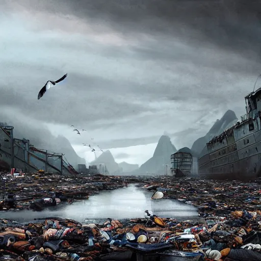 Prompt: on water, enormous huge mountains of tyres and garbage floating, seagulls flying in the forecasted sky, dramatic light, post apocalyptic, rainy weather, wet,highly detailed, wide shot, 8K mate painting, concept