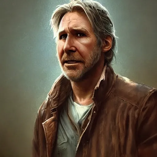 Image similar to a highly detailed epic cinematic concept art CG render digital painting artwork costume design: Harrison Ford/Ryan Gosling, old scars, long hair, grizzled, tired and drunk, in an old 1950s leather jacket. By Greg Rutkowski, Ilya Kuvshinov, WLOP, Stanley Artgerm Lau, Ruan Jia and Fenghua Zhong, trending on ArtStation, made in Maya, Blender and Photoshop, octane render, excellent composition, cinematic atmosphere, dynamic dramatic cinematic lighting, aesthetic, very inspirational, arthouse