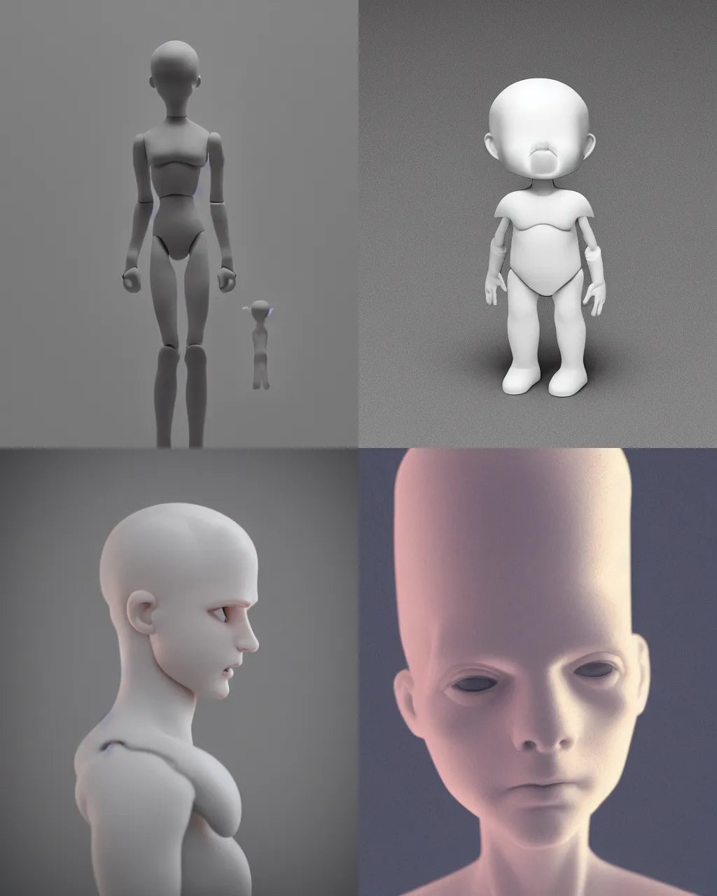 Image similar to a photo of a genderless white toy figurine made from resin, headless, pillhead, pale head, bald, smooth skin, even surface, minimalistic, octane rendering, ambient lighting, orange subsurface scattering