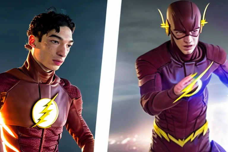 Prompt: a duel between flash ( left ) and ezra miller as flash ( right ), in space, shot on alexa, 3 5 mm cooke, still from a movie, trending on hollywood reporter
