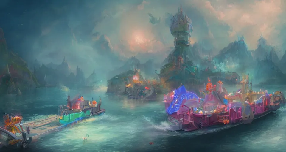 Image similar to an amusement park boat ride with pastel colors by peter mohrbacher, vivid colors, matte painting, 8K, concept art, mystical color scheme, trending on artstation