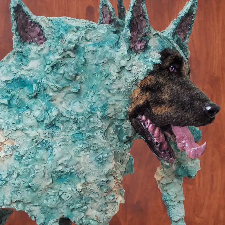 Image similar to beautiful gallery show studio photograph of a giant realistic ceramic sculpture of a german shepherd dog, 3 d fractal structure, celadon glaze, placed on a polished wooden table, colorful hyperrealism 8 k trending on artstation