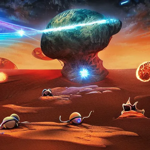 Image similar to laser war between funny creatures on a planet, digital art, award winning 4K