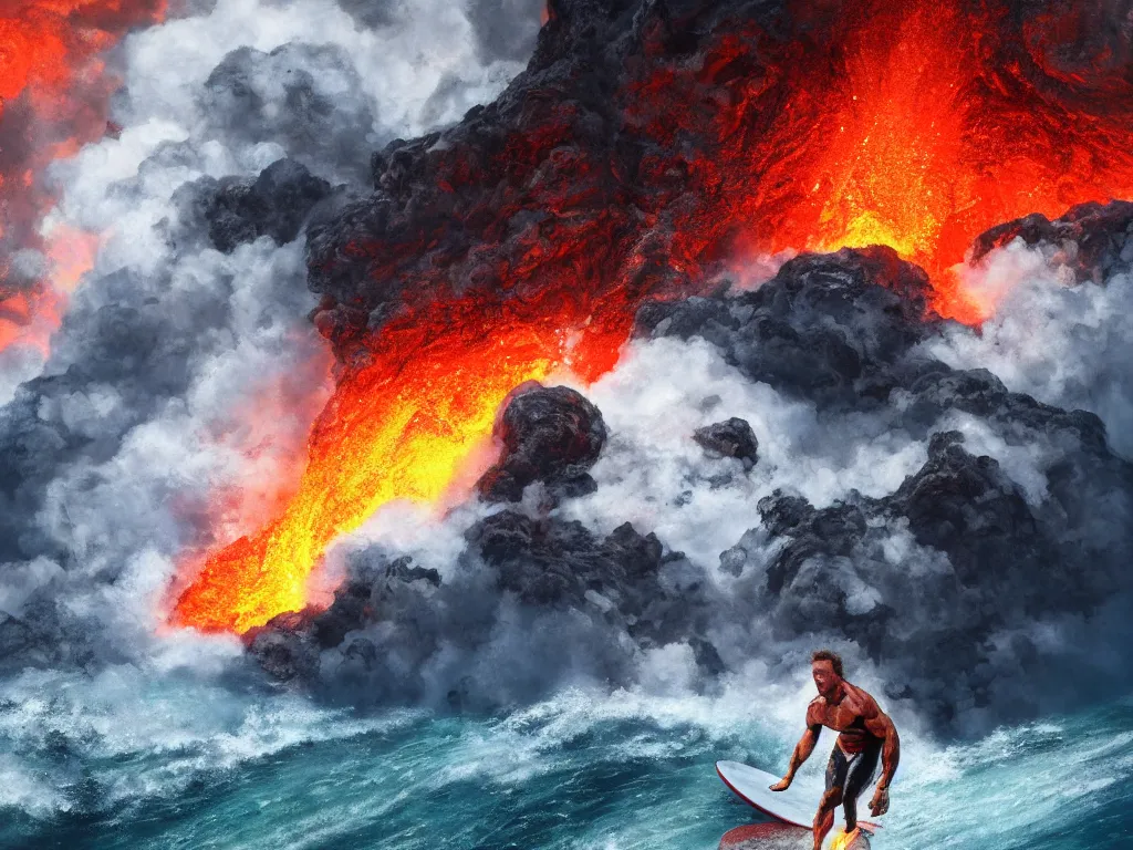 Image similar to portrait of a arnold schwarzenegger surfing inside erupting volcano, lava splashes, stunning scene, 8 k, extremely detailed digital painting, depth, bright colors, trending on artstation