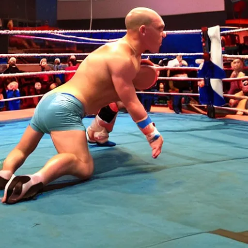 Image similar to pro wrestler Jeremy The Egg Shelson perform his signature top rope move in the ring, big arena thousands of fans in background, short depth of focus painted by Carravagio