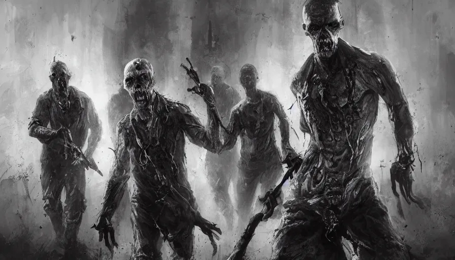 Image similar to zombies, thumbnail black and white, cgsociety, oil painting by jama jurabaev, extremely detailed, brush hard, artstation, high quality, brush stroke