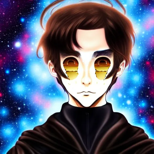 Image similar to a man with with brown hair, eyes with stars and galaxies in his eyes, wearing a black robe with the tips made of gold, anime, trending on artstation, high quality