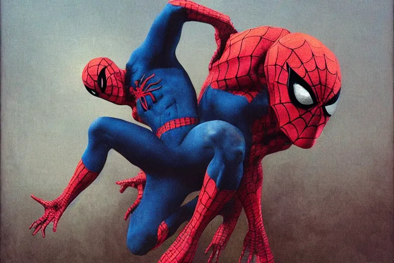 Image similar to Spider-Man with a deformed pig face by beksinski